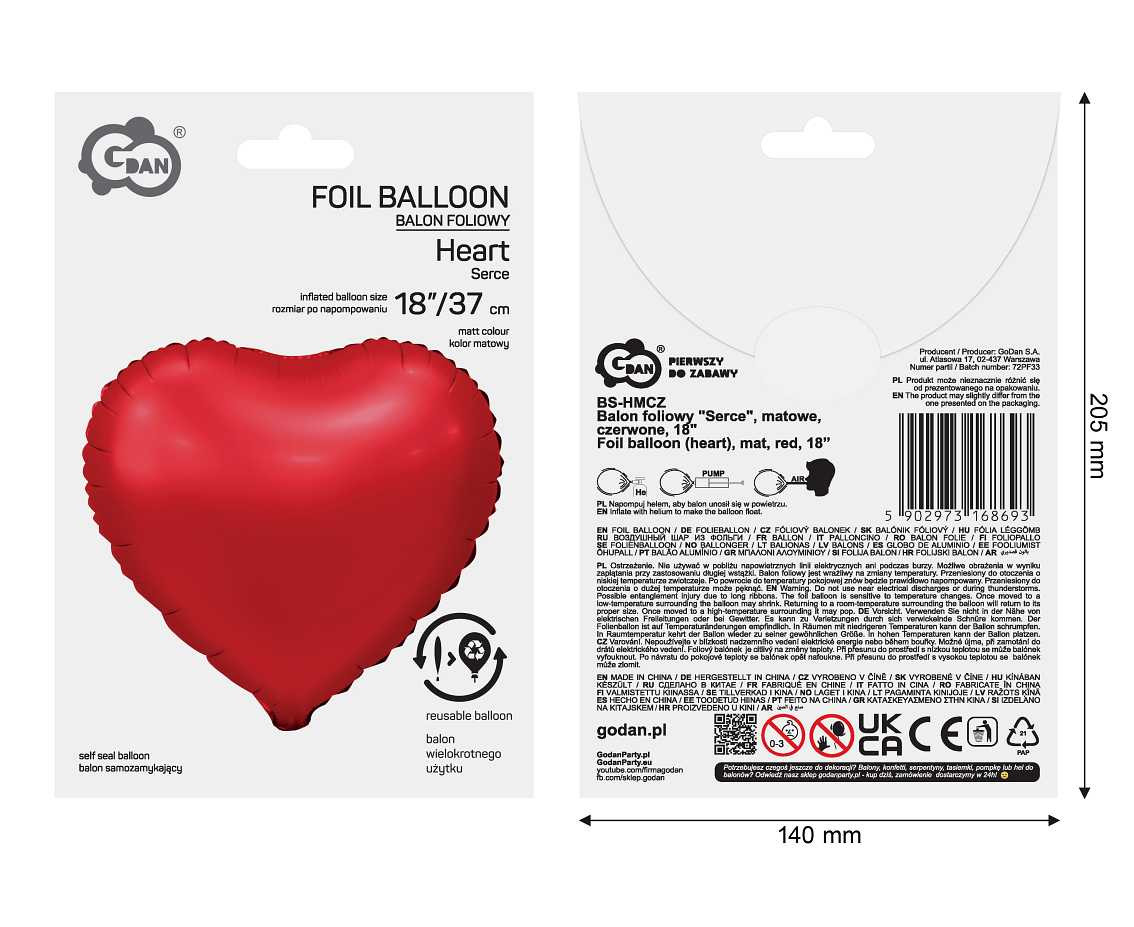 Foil balloon "Heart", matt, red, 18 inches